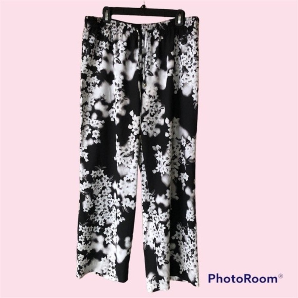 Calvin Klein Pants Wide Leg Flowy Casual Elastic Waist Black and White Floral